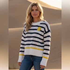 Kerri Rosenthal Knit Crochet Smiley Face Striped Sweater S Blue White Yellow